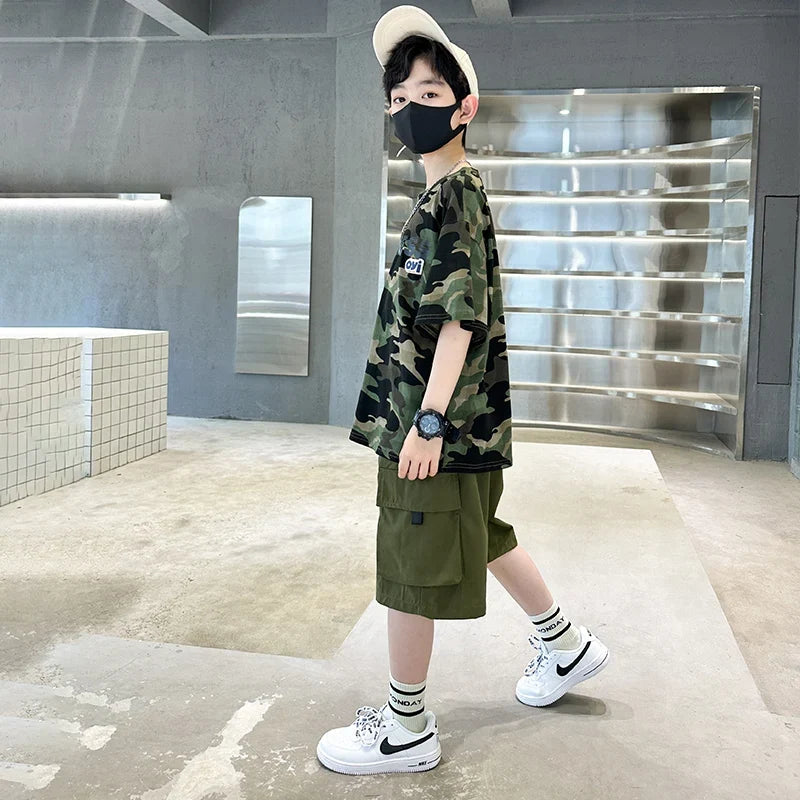 Kids Summer Set Causal Camouflage Sportswear Two Piece Clothing Set for Teenage Boy Short Sleeve T-shirt Shorts Tracksuit Outfit