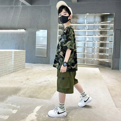 Kids Summer Set Causal Camouflage Sportswear Two Piece Clothing Set for Teenage Boy Short Sleeve T-shirt Shorts Tracksuit Outfit
