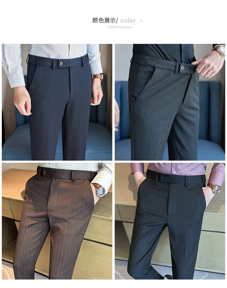 Autumn Winter New Thickened Wool Striped Suit Pants Men's High Qualitys Elastic Waist Slim Fit Business Casual Trousers 38-29
