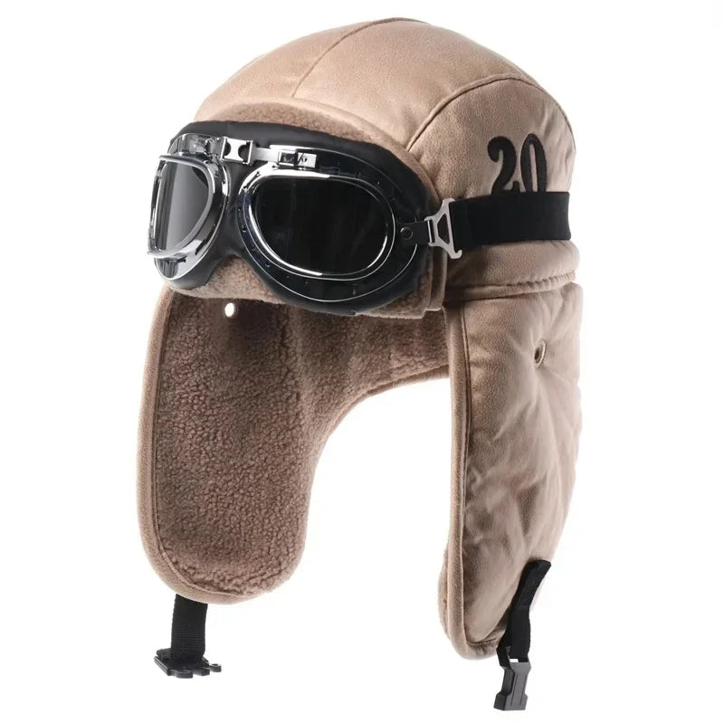 Men's Winter Bomber Hat with Goggles, Motorcycle Windproof Pilot Hat, Faux Fur Earflap Ushanka for Outdoor