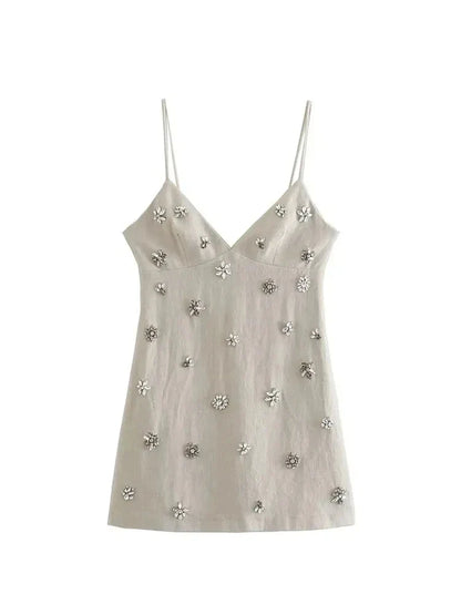 Women Chic Fashion Sleeveless Lnlay Mini Dress Vintage Thin Straps Summer Female Dresses Vestidos Mujer
