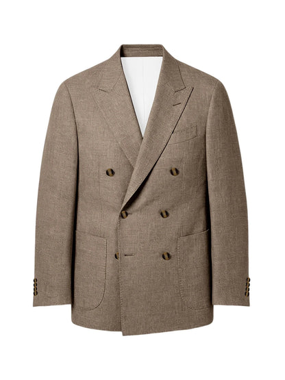 Men's Linen Double Breasted Blazer Peak Lapel Casual Business Suit Jacket With Patch Pockets For Daily Office Wear