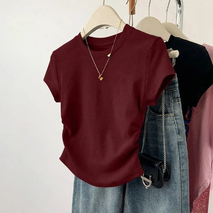 Summer Slim Fit Top for Women Casual Threaded Waist Cinched U-Shaped Hem Short Sleeve Irregular Hemline Women's Clothing
