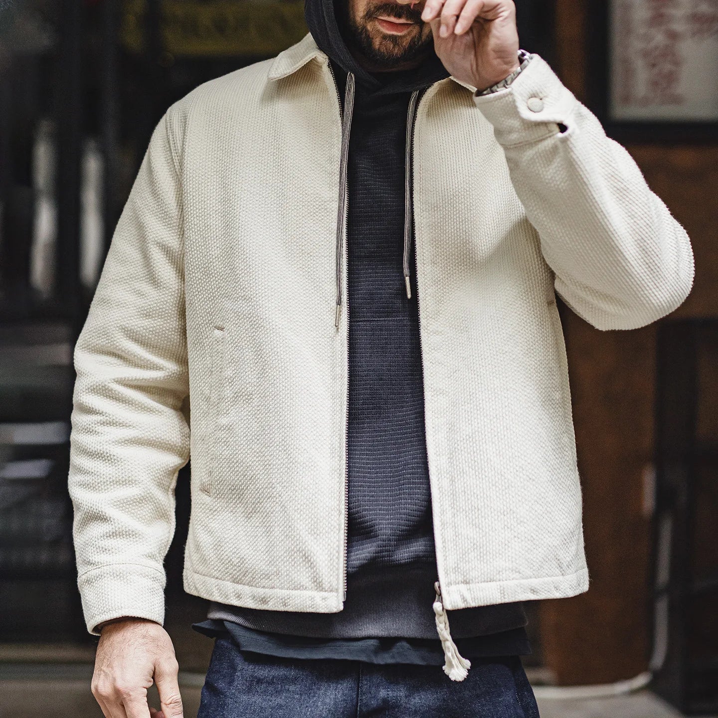 Men's Vintage White Jacket Heavyweight Cotton Turn-Down Collar Zip-Up Short Outwear Canvas Fitted Fit Spring Autumn Coat