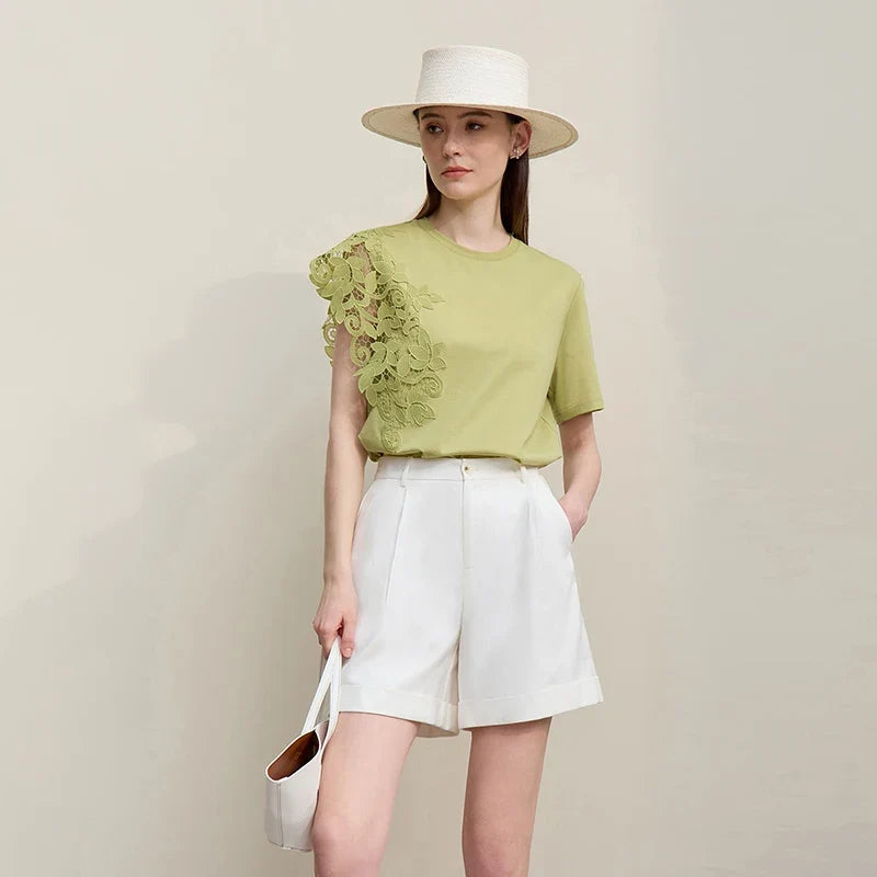 T-shirt 2026 Summer New O-Neck Moisture-Wicking Cotton Tee Asymmetric Lace Loose Short Sleeve T-shirts For Women 12642023
