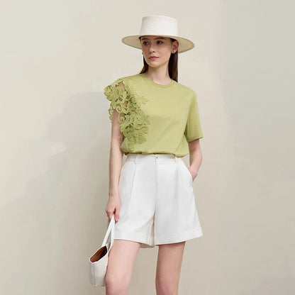 T-shirt 2026 Summer New O-Neck Moisture-Wicking Cotton Tee Asymmetric Lace Loose Short Sleeve T-shirts For Women 12642023
