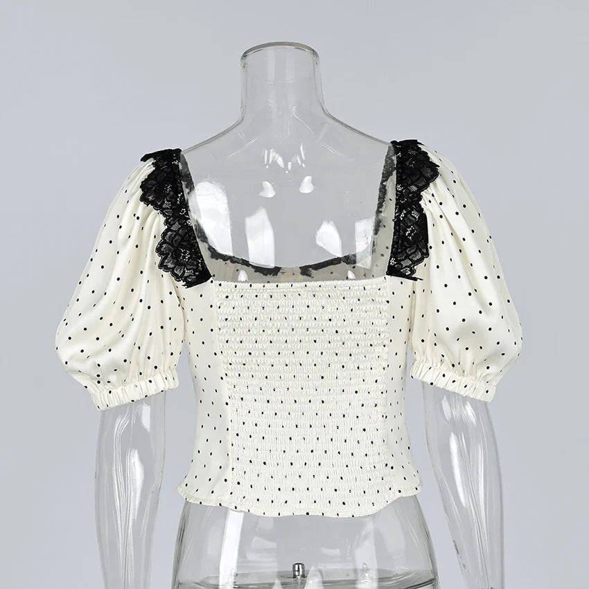 Vintage Polka Dot Square Collar Shirts Elegant Lace Puff Sleeve Woman Blouse 2026 Fashion Sexy Pullover Ladies Tops Spring