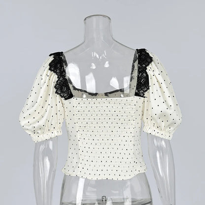 Vintage Polka Dot Square Collar Shirts Elegant Lace Puff Sleeve Woman Blouse 2026 Fashion Sexy Pullover Ladies Tops Spring