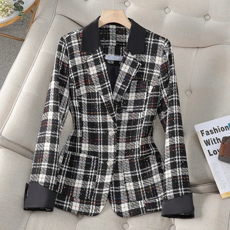 Spring Autumn Women's Blazer Jacket 2025 Casual Korean Version Ladies Suit Coat Long Sleeve Plaid Tweed Fashion Lady Outerwear