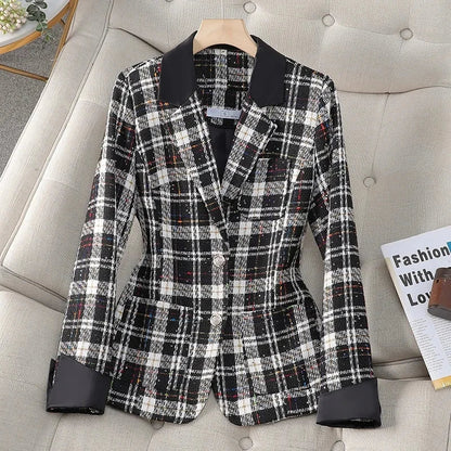 Spring Autumn Women's Blazer Jacket 2025 Casual Korean Version Ladies Suit Coat Long Sleeve Plaid Tweed Fashion Lady Outerwear
