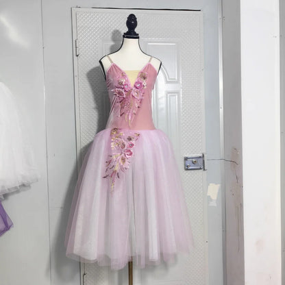 Long Ballet Tutu Skirts Flower Lace Dress Performance Costumes Princess Dance Practice Romantic Dress