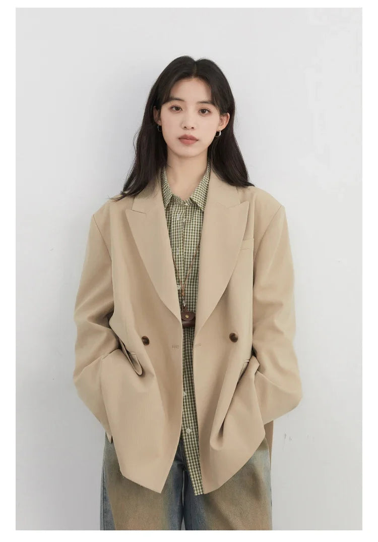 Women Blazers Solid Loose Double-breasted Wide Shoulder Office Ladies Suit Jacket Oversized Coat Spring Autumn 2026