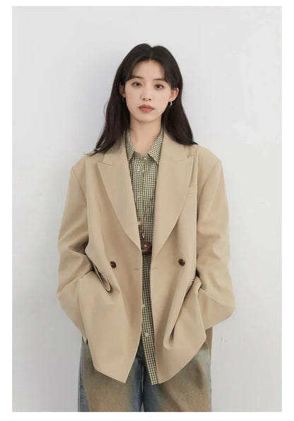 Women Blazers Solid Loose Double-breasted Wide Shoulder Office Ladies Suit Jacket Oversized Coat Spring Autumn 2026