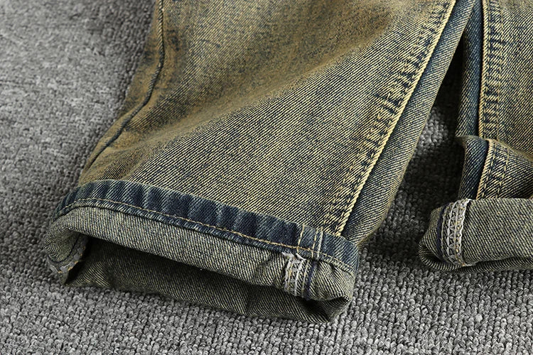 Do old wash retro American trend jeans men's catwhiskers embroidery craft comfortable straight leg casual pants
