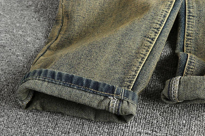 Do old wash retro American trend jeans men's catwhiskers embroidery craft comfortable straight leg casual pants