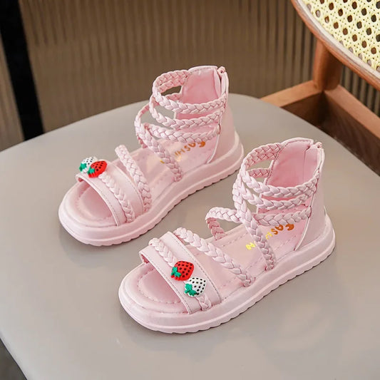 Kids Girls GLADIATOR Sandals Open Toe Knitted Strawberry Summer Non Slip Flat Fashion Children Casual Shoes Roman Shoes Simple