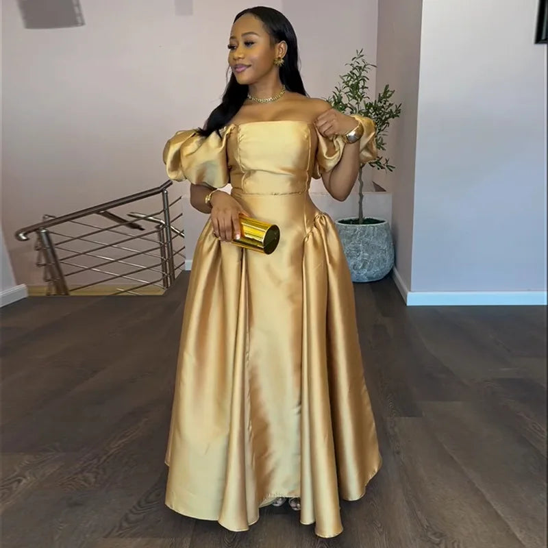 Elegant Dress for Women's Puff Sleeve Square Collar Gold Solid Pleated A-line Evening Party Cocktail Maxi Dresses