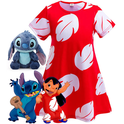 Costume Girl Cosplay Red Dress Short Sleeve Pajamas Hawaiian Printed Dress Summer Beach Outfit + Stitch Doll Set