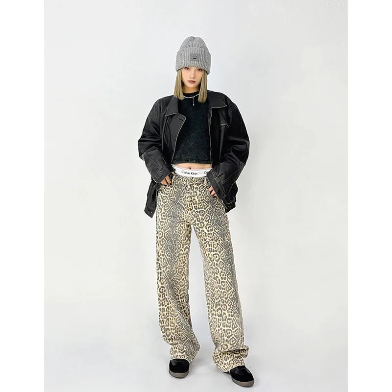 Vintage Leopard Print Jeans Women Spring Oversize Casual Hip Pop Wide Leg Trouser Trend High Waist Panther Denim Pants Ladies