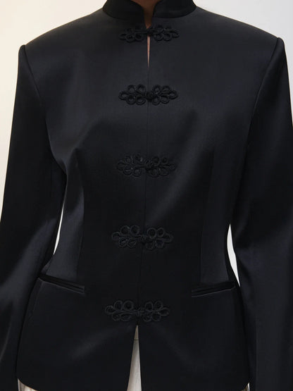 Women's Spring Summer Satin Mandarin Collar Knot Button Blazer Chic Formal Casual Wear 2026 Trendy Feminine Fashion Coat