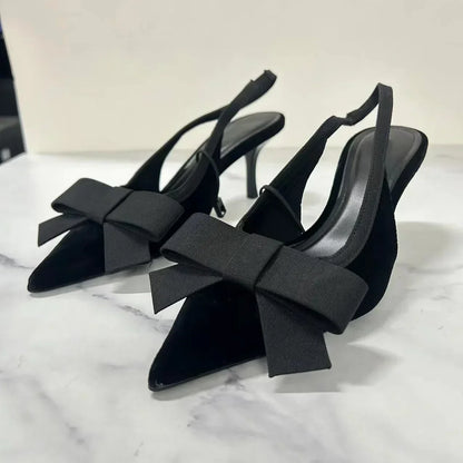 Black Velvet Butterfly-knot Designer Heeled Sandals Women Sexy Pointed Toe Slingbacks Women Pumps Elegant Party Dress High Heels