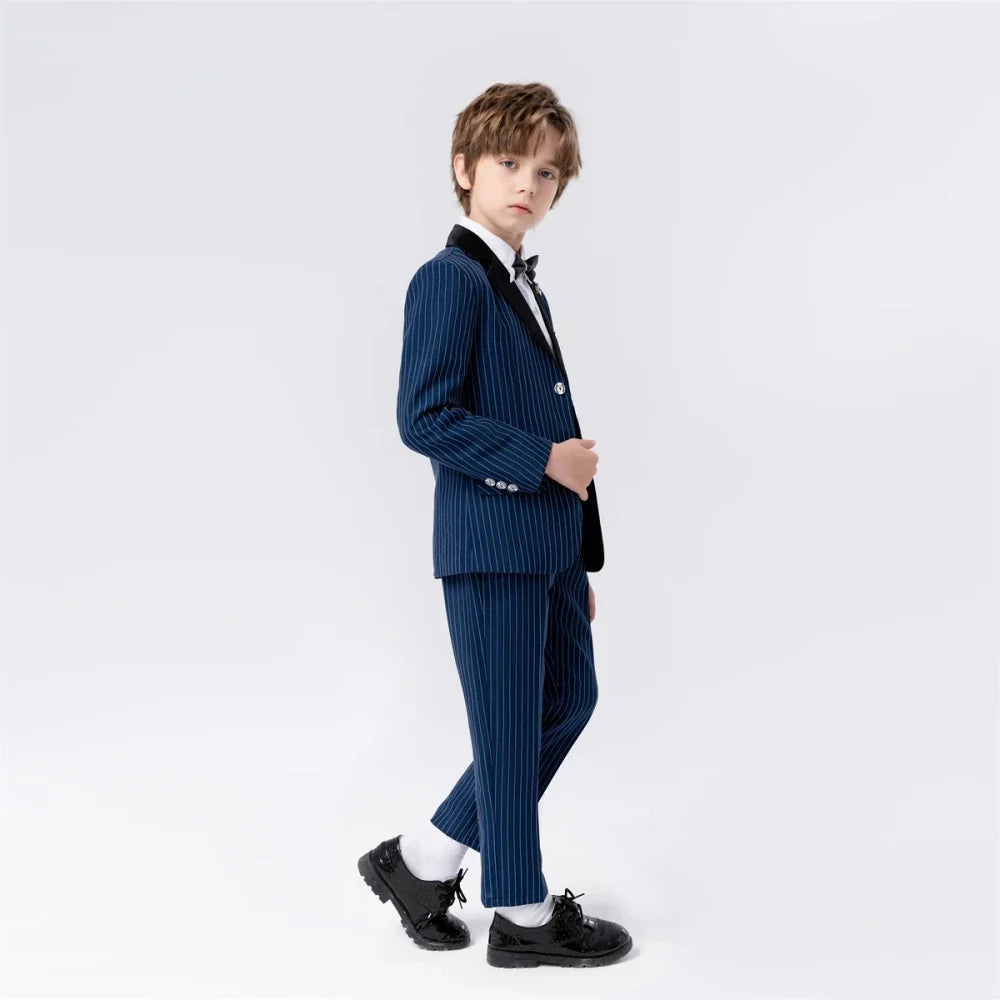 Elegant Boys 4 Pieces Blazer Pants Bow-tie Brooch Host Costumes Popular Classic Child Lapel Suit Set For Birthday Wedding Party