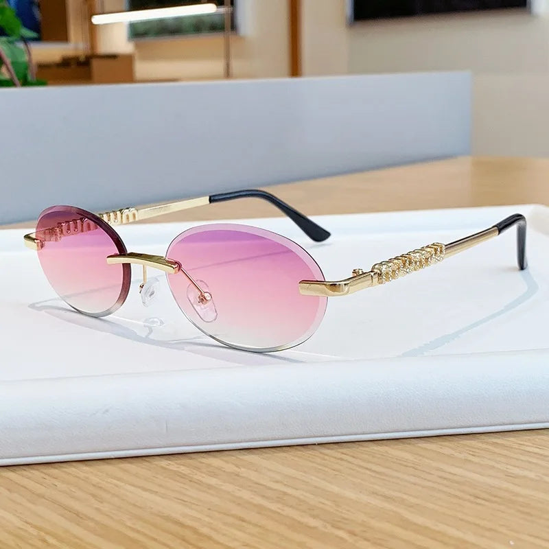 New Oval Rimless Sunglasses Women Luxury Fashion Narrow Sun Glasses Shades Trendy Elegant Diamond Eyewear Lentes De Sol Mujer