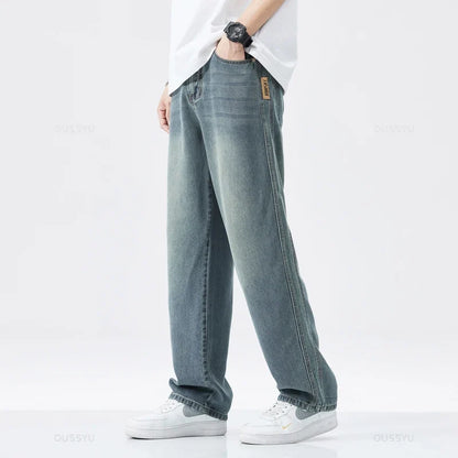 Spring Autumn High Quality Soft Lyocell Fabric Jeans Men Loose Wide Leg Pants Elastic Waist Casual Trousers Plus Size 28-40