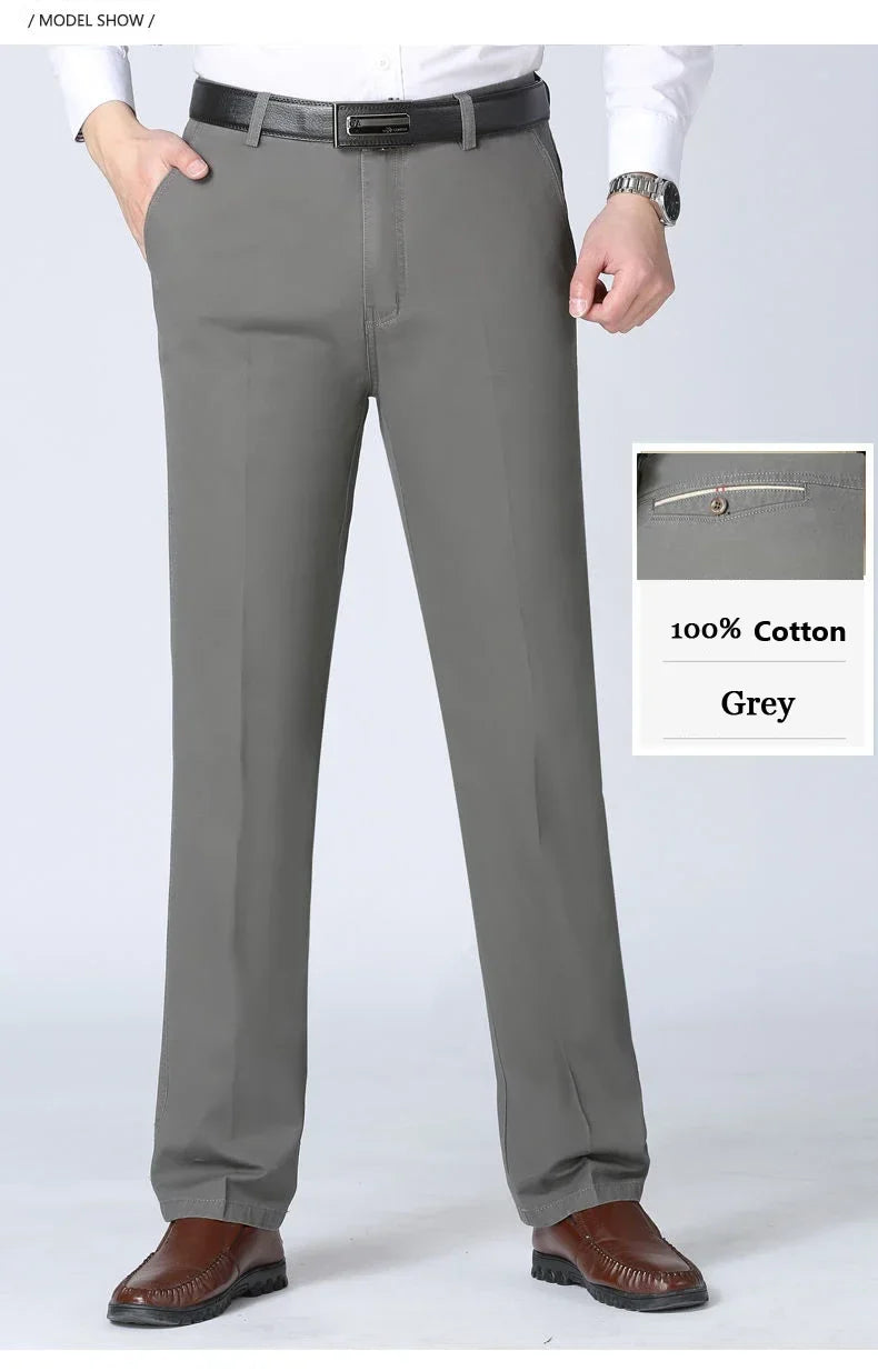 100% Cotton Spring Summer Middle-aged Cargo Trousers Men's Straight Slacks High Waists Thin Thick Breathable Male Suit Pants
