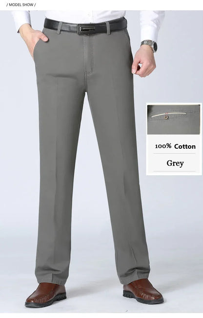 100% Cotton Spring Summer Middle-aged Cargo Trousers Men's Straight Slacks High Waists Thin Thick Breathable Male Suit Pants