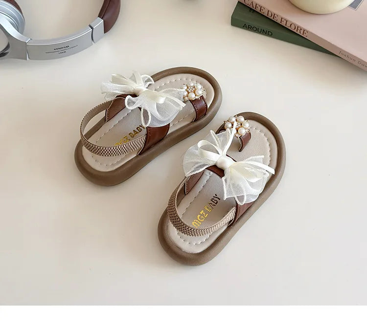Summer Girl's Sandals Clip-toe Bowknot Elastic Band Soft Sole Kids Sliders Beautiful Pu Leather Chunky Morden Children Shoes