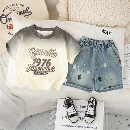 0-5Years New Baby Boys Girls Summer Clothes suits Tie dye letter T-shirt denim Shorts 2pcs/sets Children Clothing Tracksuits Set