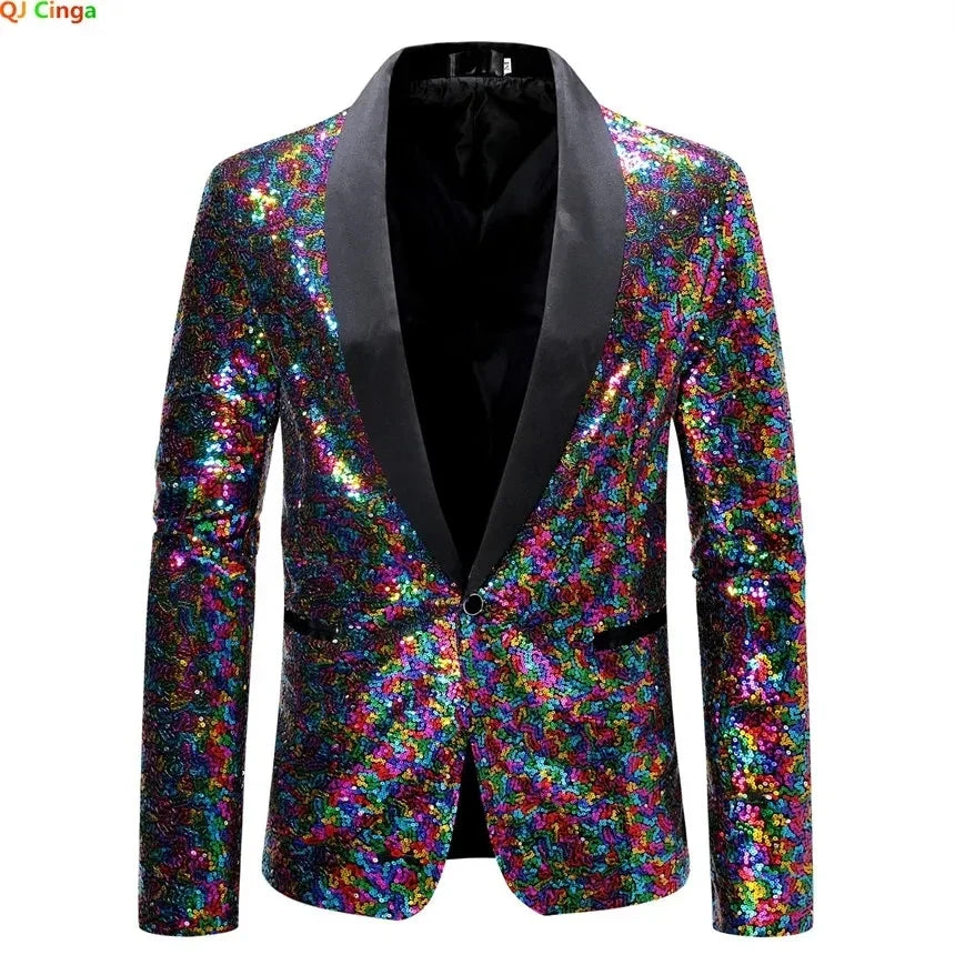 Shiny Gold Men Sequin Glitter Embellished Blazer Jacket, Nightclub Prom Suit Coats Mens Costume Homme Stage Clothes For Singers
