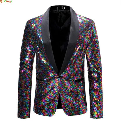 Shiny Gold Men Sequin Glitter Embellished Blazer Jacket, Nightclub Prom Suit Coats Mens Costume Homme Stage Clothes For Singers