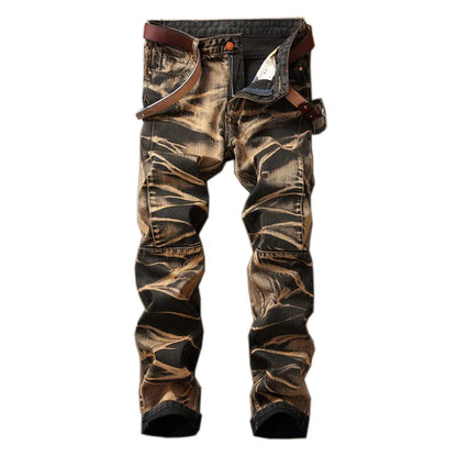 2026 New Men's Yellow Jeans, Blue Stretch Biker Trousers, Broken Hole Jeans, Fashion Popular Men Denim Pants Big Size 29-42
