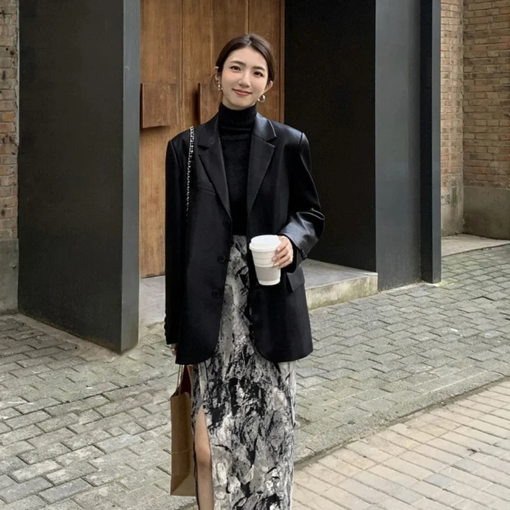 Blazer Woman PU Leather Black Outerwears Long Over Loose Jacket Coats for Women Solid Clothes Dress Korean Style Fashion 2025