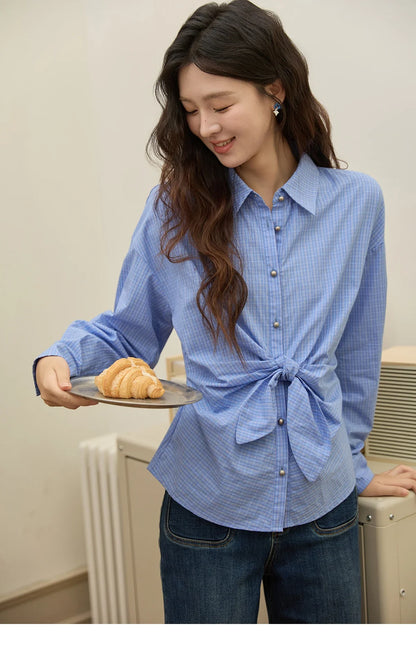Blue Plaid 100 Cotton Shirt Autumn 2025 Bow Tie Waist Matte Silver Butto Shirts Lapel Dropped Sleeved Tops MXE44C2395