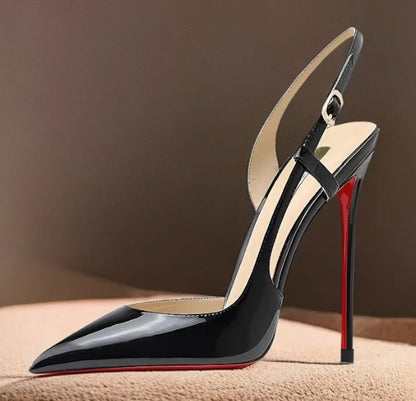 Rose red satin back tripe buckle sandals for women's new style slim heel and sexy European and American style single shoes