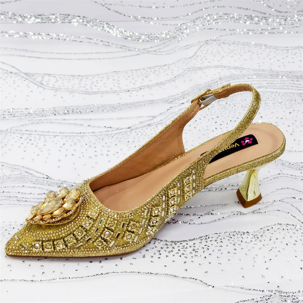 Popular Pointed Women Shoes Heels and Bags Rhinestone Chain Ladies Wedding Party Elegant and Luxurious Fashion