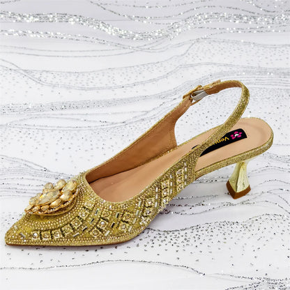 Popular Pointed Women Shoes Heels and Bags Rhinestone Chain Ladies Wedding Party Elegant and Luxurious Fashion