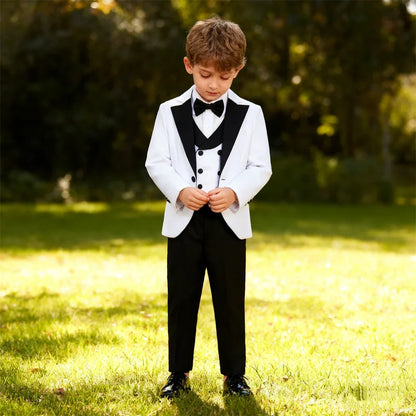 Brand Suit Set for Boys 3-14 Yrs, Classic Black Collar Suit Jacket Vest Pants Bowtie Set, Communion Party Suits Toddler