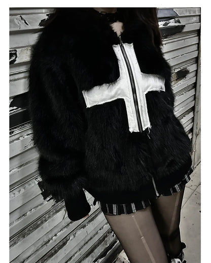 Winter Short Cool Warm Soft Hairy Faux Fur Coat Men with Hood Rivet Luxury Designer Punk Style Clothes Fluffy Jacket