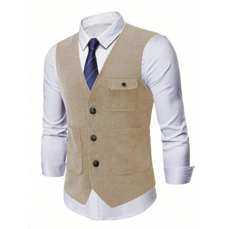 Suit Vest Man Vintage Single-breasted Pocket Male Waistcoat Slim V-neck Sleeveless Business Casual Versatile Men Vest