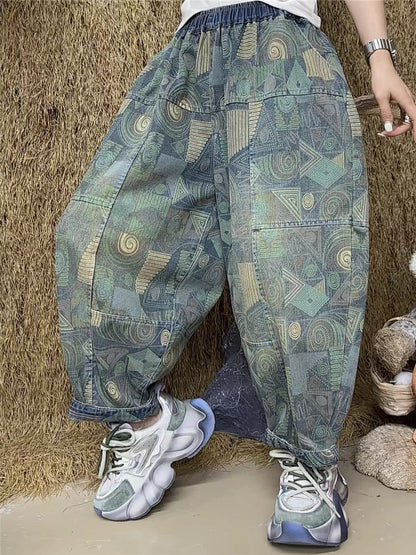 Printed Spring Patchwork Womens 2025 Harem Trousers Vintage Females Fashion Loose Leisure Denim Pants Classic Jeans