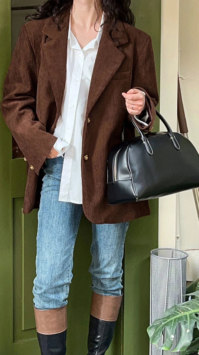 Brown Corduroy Suit Jackets Women's Spring New Fashion Loose Casual Blazers Notched Collar Single Breasted Pockets Female Tops