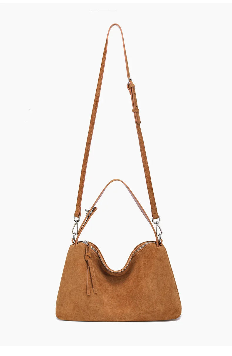 Fashion Autumn Winter Big Boston Tote Soft Matte Suede Cow Leather Women's Handbag Shoulder Crossbody Bag For Women Grey Brown