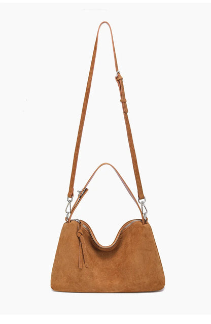 Fashion Autumn Winter Big Boston Tote Soft Matte Suede Cow Leather Women's Handbag Shoulder Crossbody Bag For Women Grey Brown