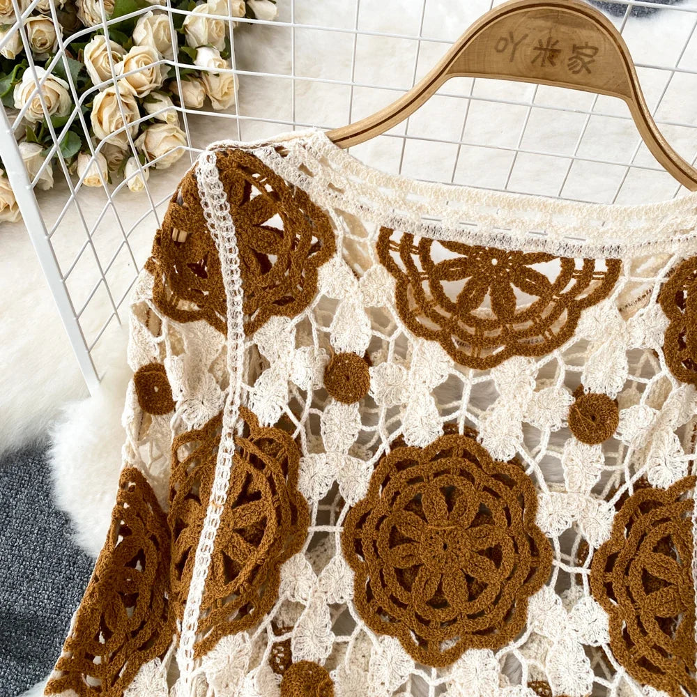 Hook Flower Hollow Out Tops Women Long Lantern Sleeves Tassels Vintage Bohemian Loose Beachwear Hotsweet Knit Blouse