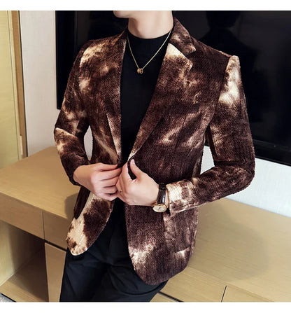 High QualityTie Dye Chenille Men Fashion Casual Suit Jacket Autumn Winter New Korean Slim Fit Social Wedding Suit Blazer