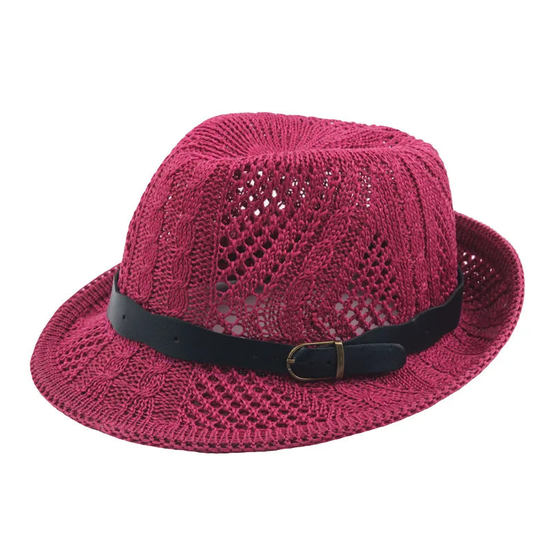 Summer Women's Knitted Mesh Breathable Curled Jazz Hat Leather Belt Panama Hat